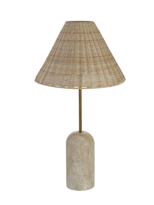 Metal & Travertine Table Lamp with Hand-Woven Shade & Inline Switch - Pick Up Only