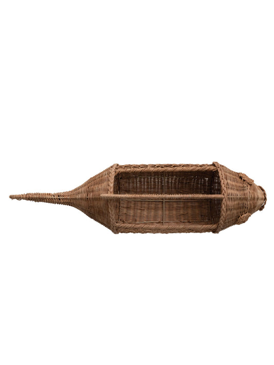 Hand-Woven Rattan & Wire Fish Shaped Container with Handle - Pick Up Only