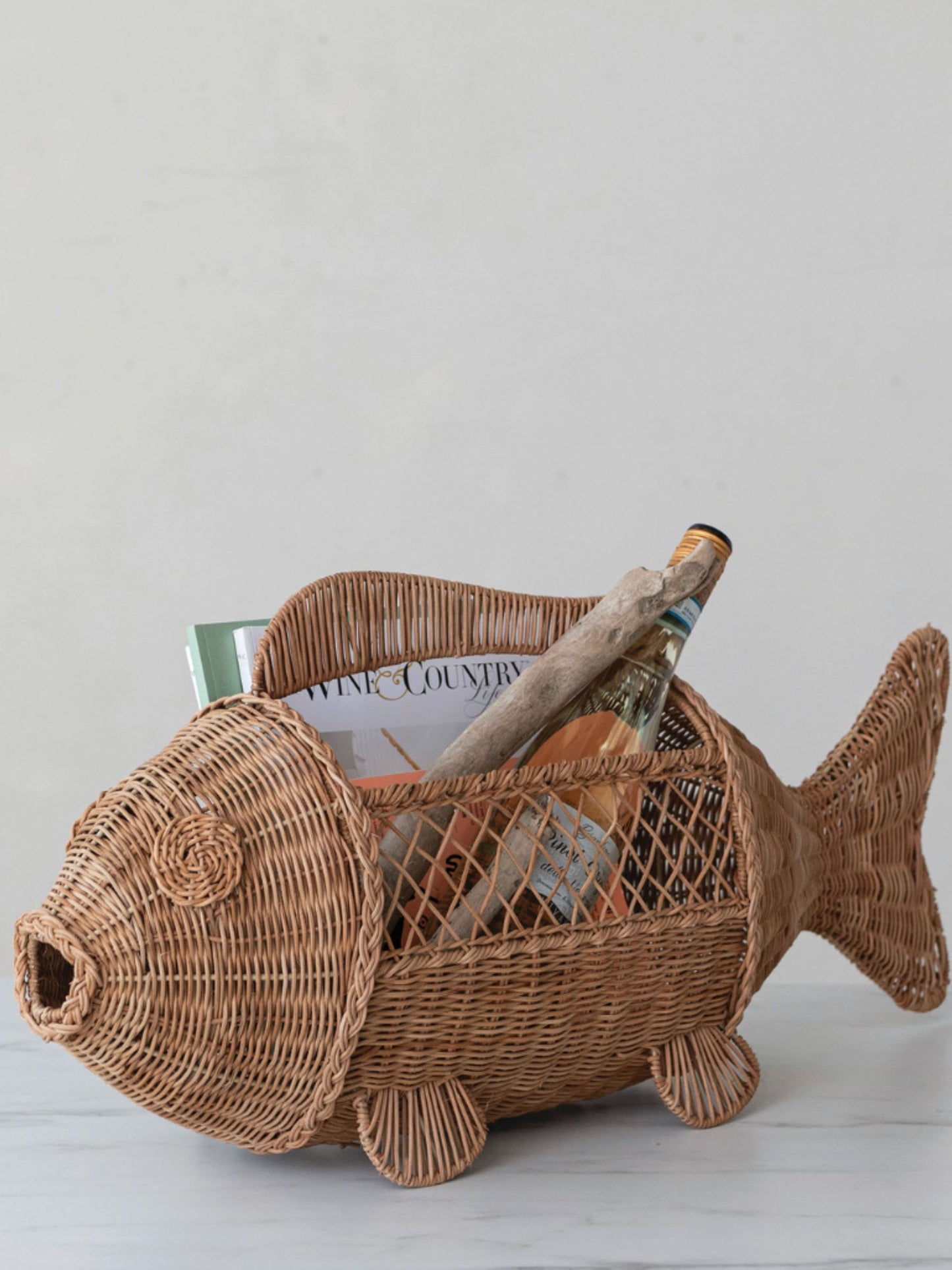 Hand-Woven Rattan & Wire Fish Shaped Container with Handle - Pick Up Only