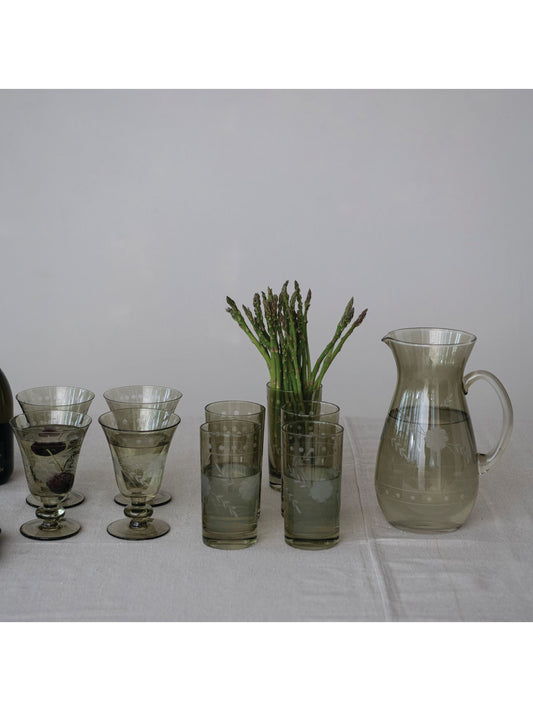 54 oz. Green Glass Pitcher w/ Etched Botanicals - Pick Up Only