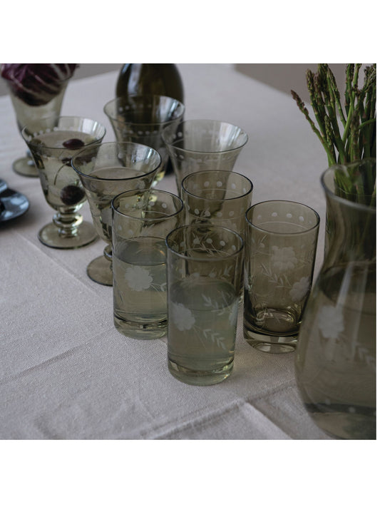 14 oz. Green Drinking Glass w/ Etched Botanicals