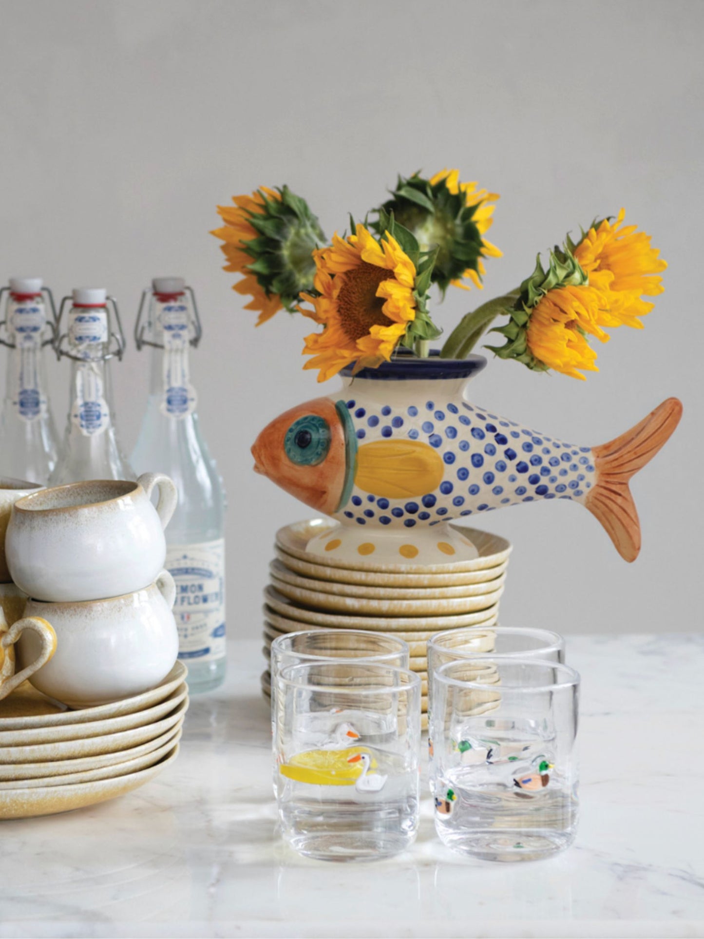 Hand-Painted Stoneware Footed Fish Shaped Vase