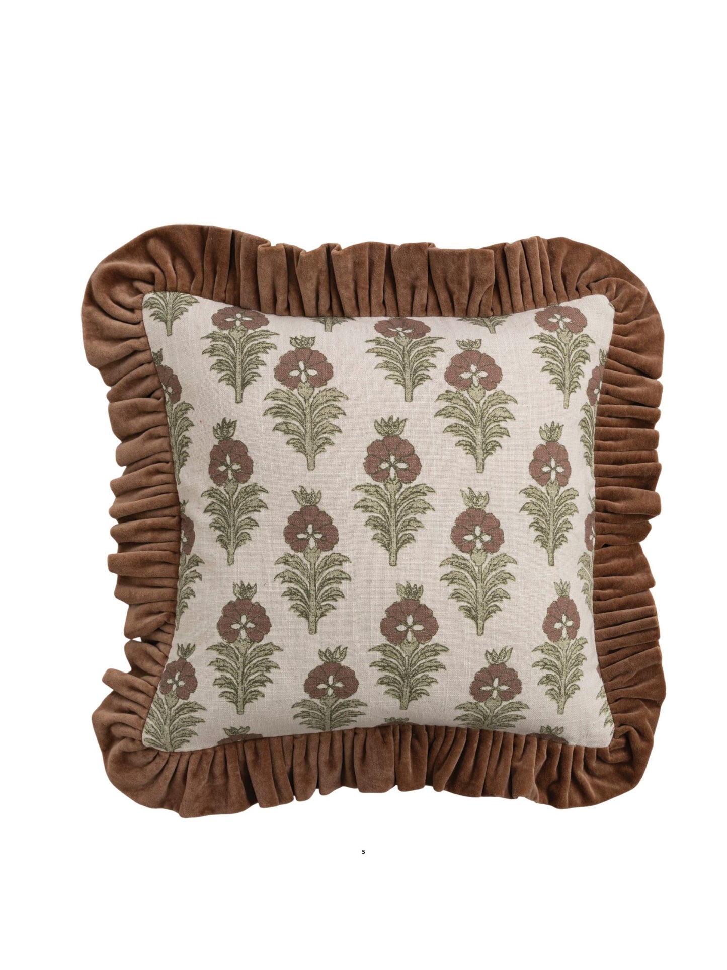 Square Cotton Slub Printed Pillow with Velvet Ruffle