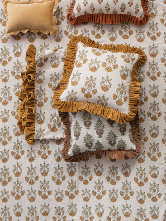 Square Cotton Slub Printed Pillow with Velvet Ruffle
