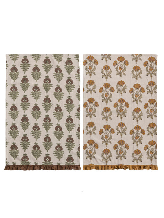 Cotton Printed Tea Towel w/ Flower Pattern & Ruffle