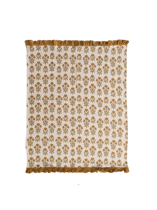 Cotton Slub Printed Throw w/ Velvet Ruffle