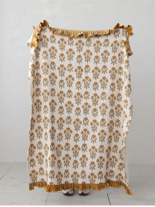 Cotton Slub Printed Throw w/ Velvet Ruffle