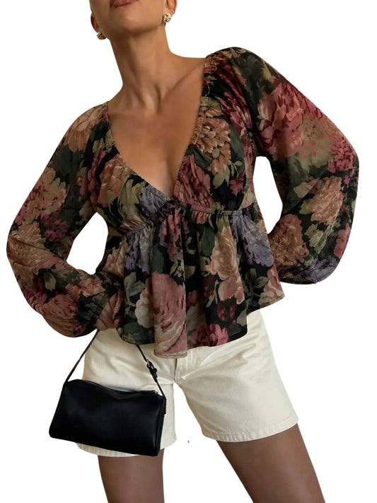 Floral Print V-Neck Flutter Top