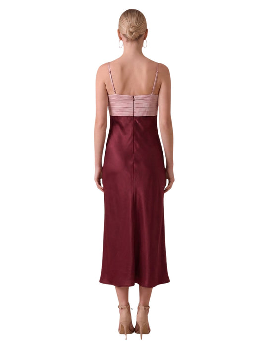Color Block Pleated Detail Satin Midi Dress