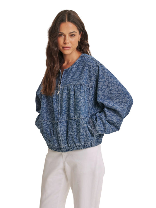 Heritage Inspired Paisley Denim Washed Bomber Jacket