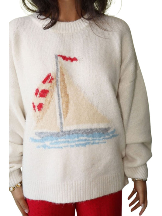 Sailboat Knit Fuzzy Sweater