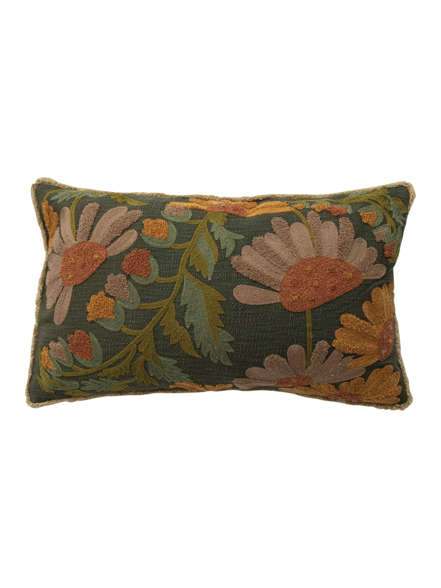 Cotton Slub Embroidered Pillow with Flowers, Fringe & Chambray Back