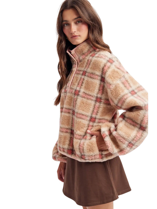 Plaid Sherpa Fleece Snap Pullover