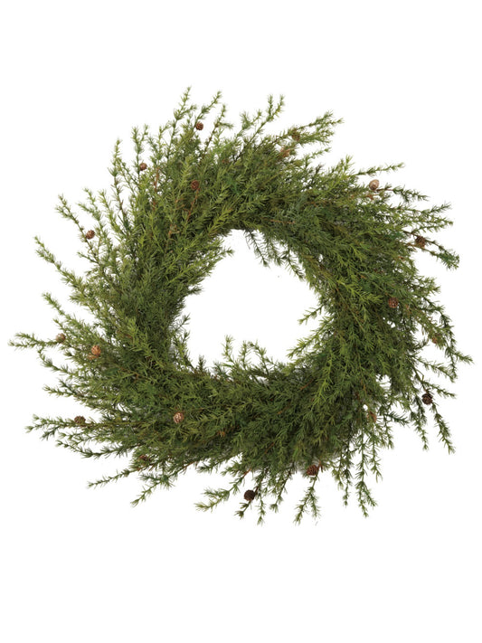 Round Faux Cedar Wreath with Natural Pinecones - Pick Up Only