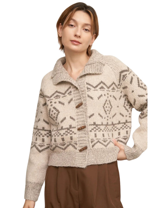 Mock Neck Fair Isle Printed Sweater Cardigan