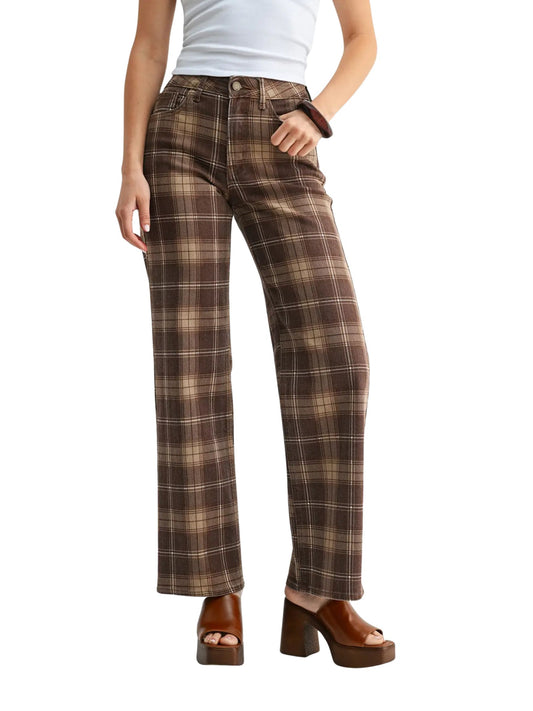 High Rise Full Length Straight Jean - Brown Plaid