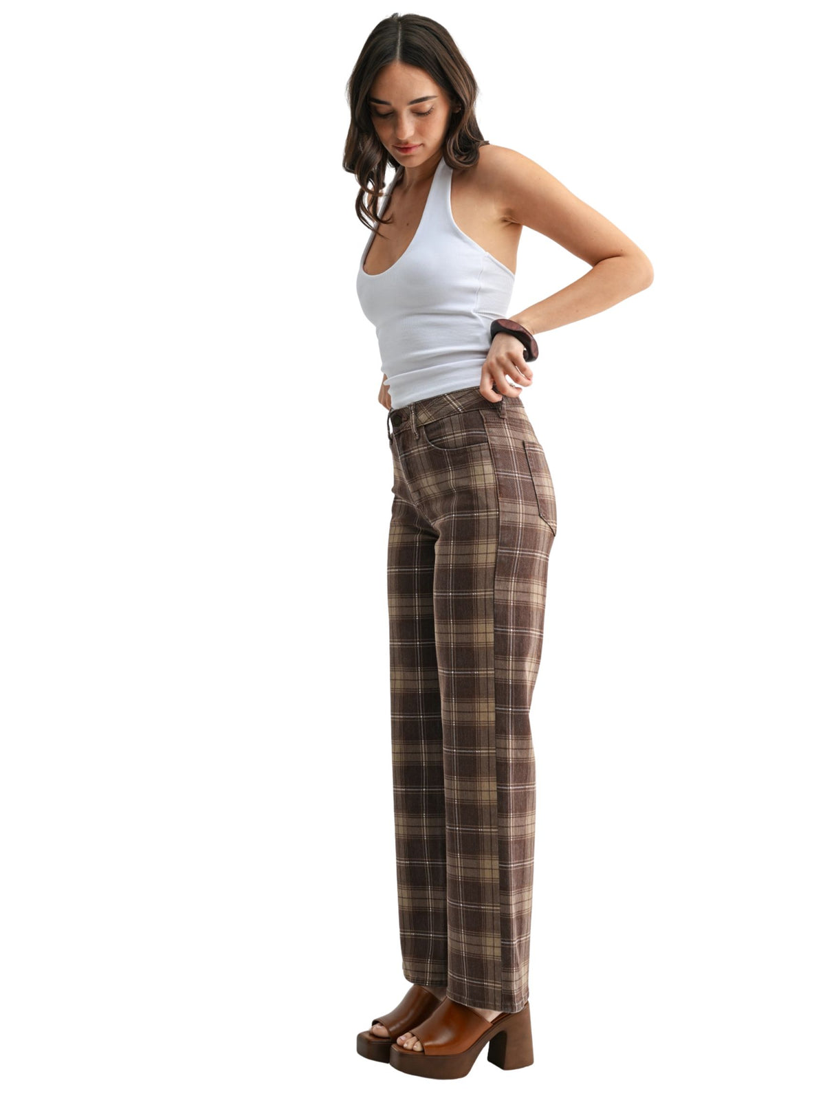 High Rise Full Length Straight Jean - Brown Plaid