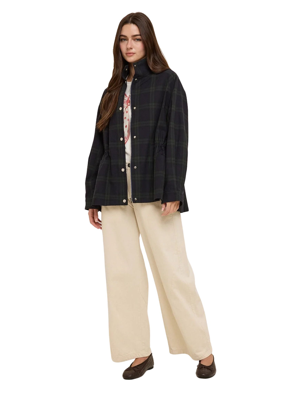 Plaid Stand Collar Drawstring Utility Jacket