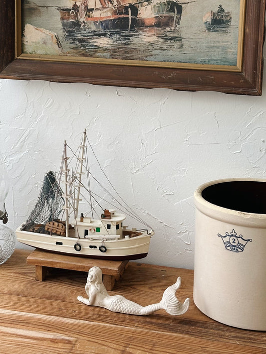 Vintage White Cast Iron Laying Mermaid