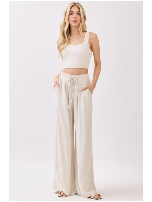 Solid Drawstring Waist Wide Leg Pant