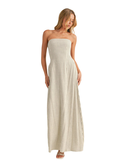 Striped Back Tie Strapless Maxi Dress