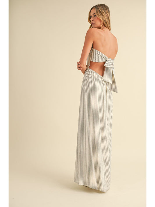 Striped Back Tie Strapless Maxi Dress