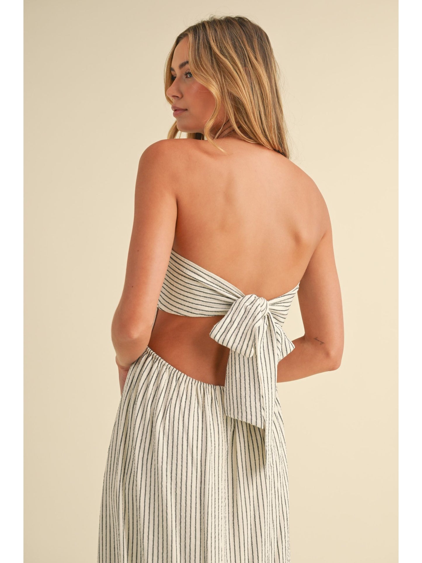 Striped Back Tie Strapless Maxi Dress