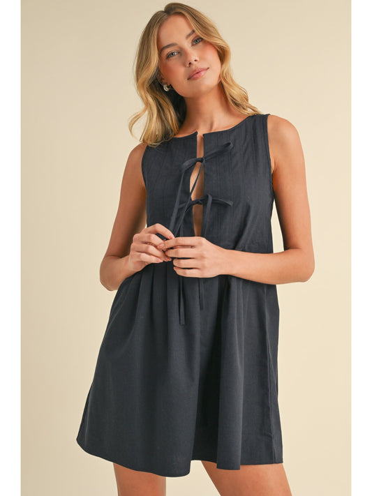 Navy Linen Front Tie Dress