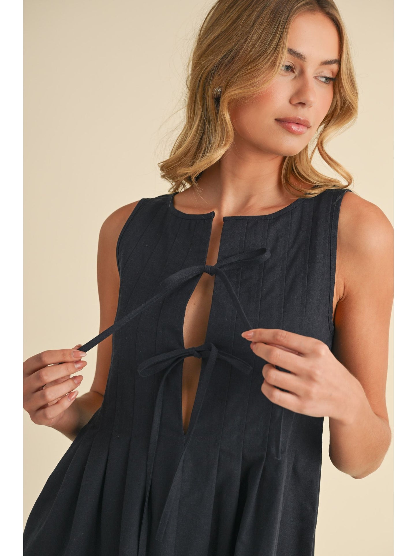 Navy Linen Front Tie Dress