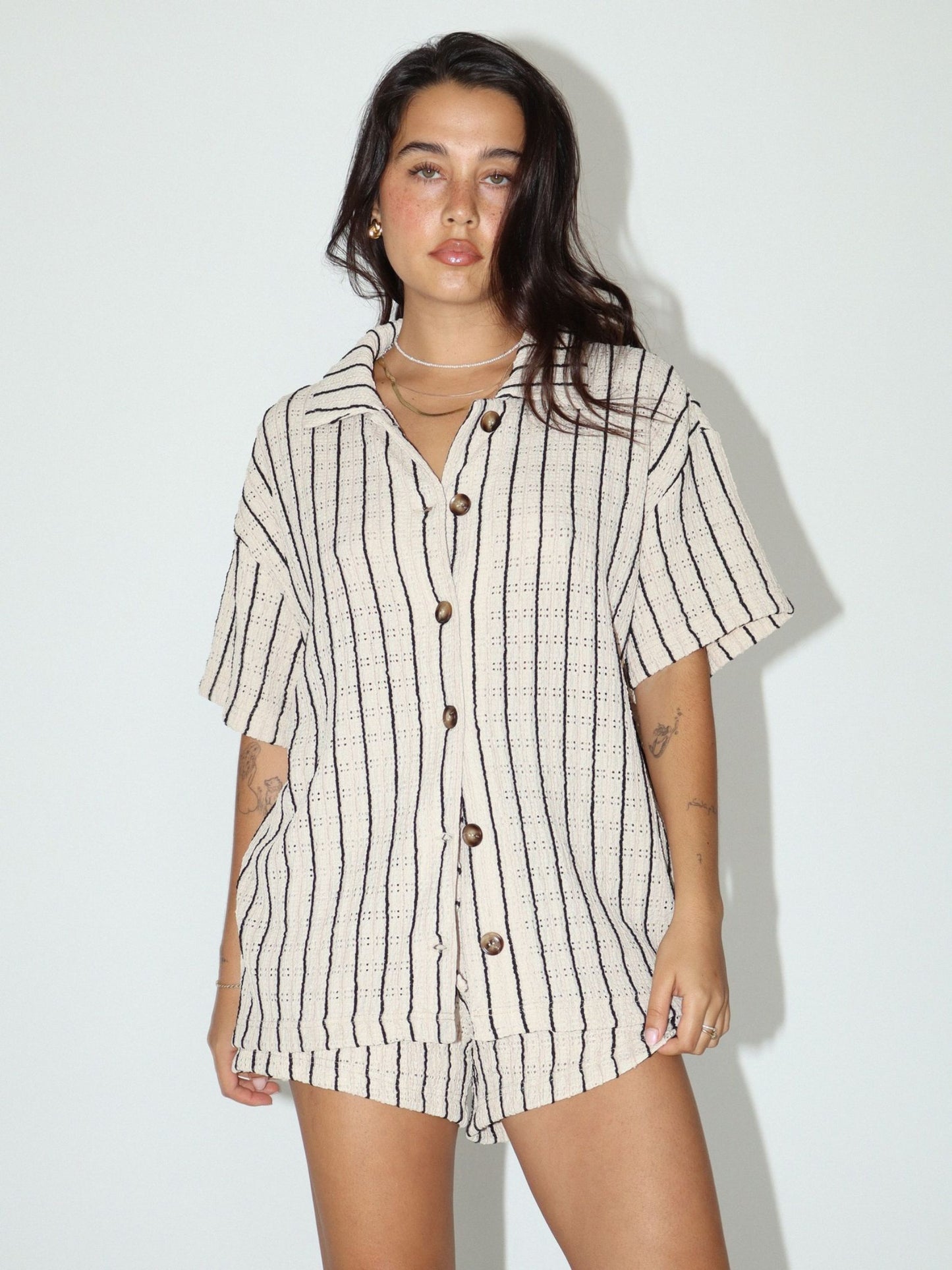 Textured Stripe Knit Button Down