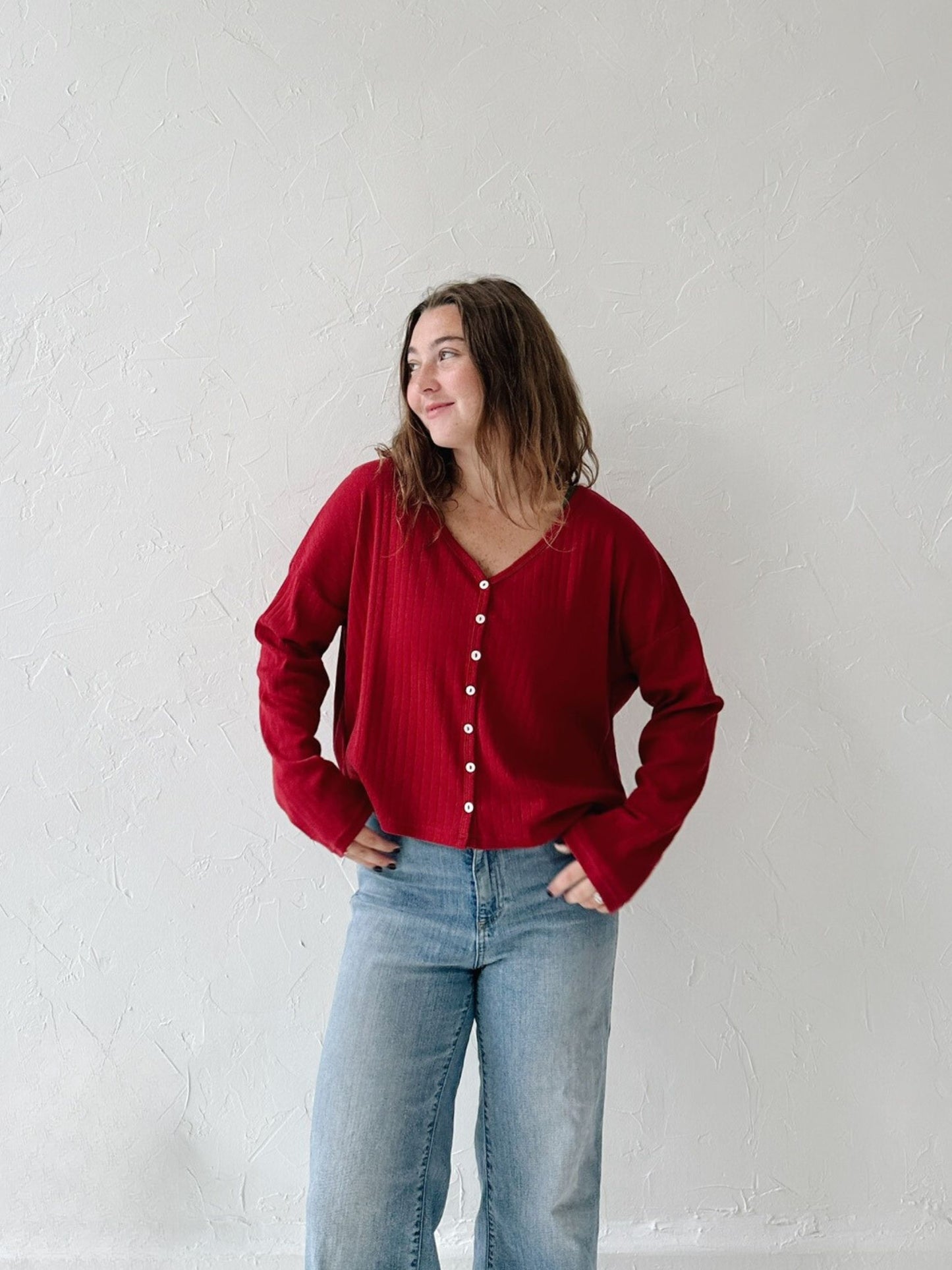 Red Pointelle Button Down