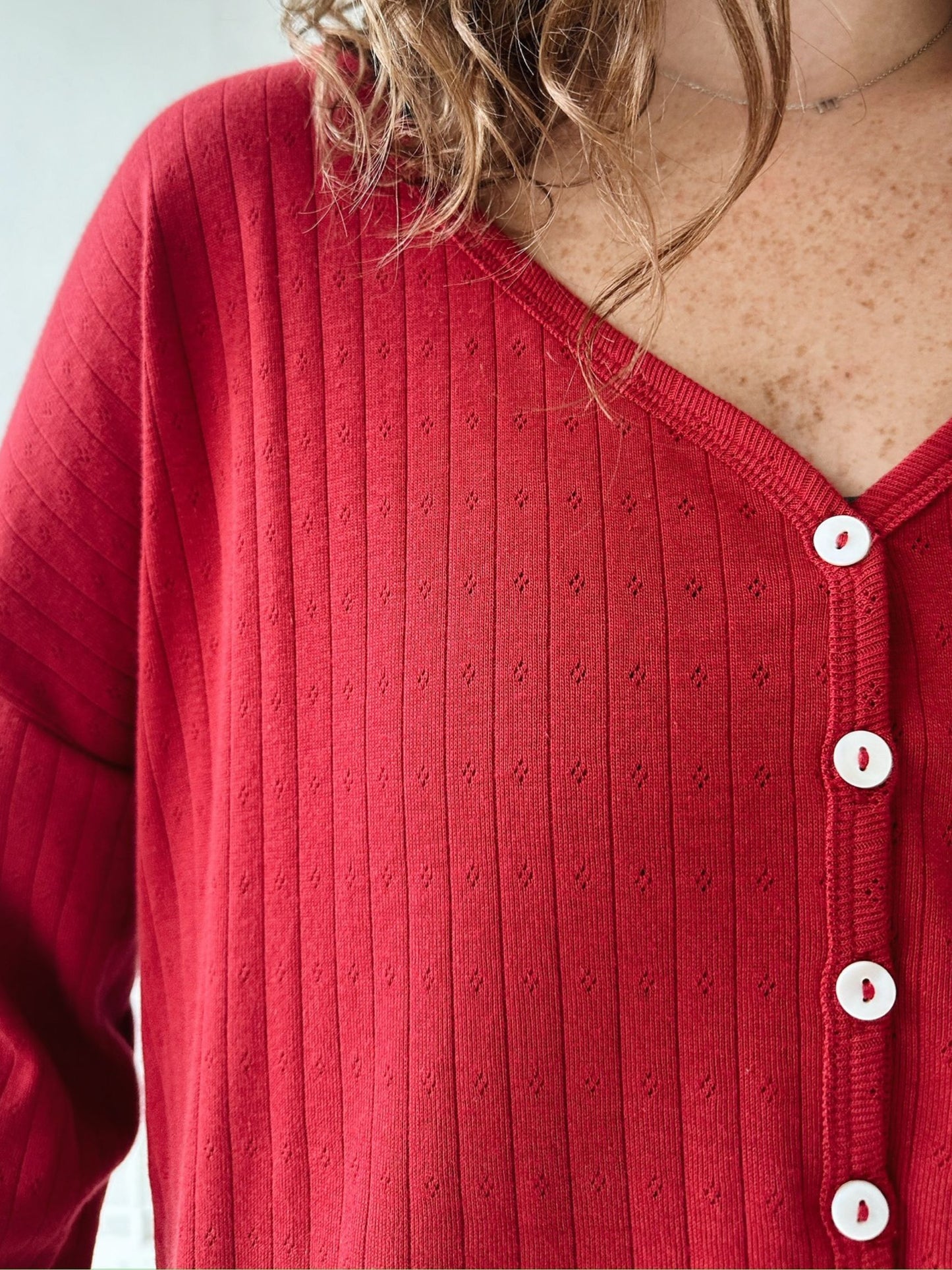 Red Pointelle Button Down