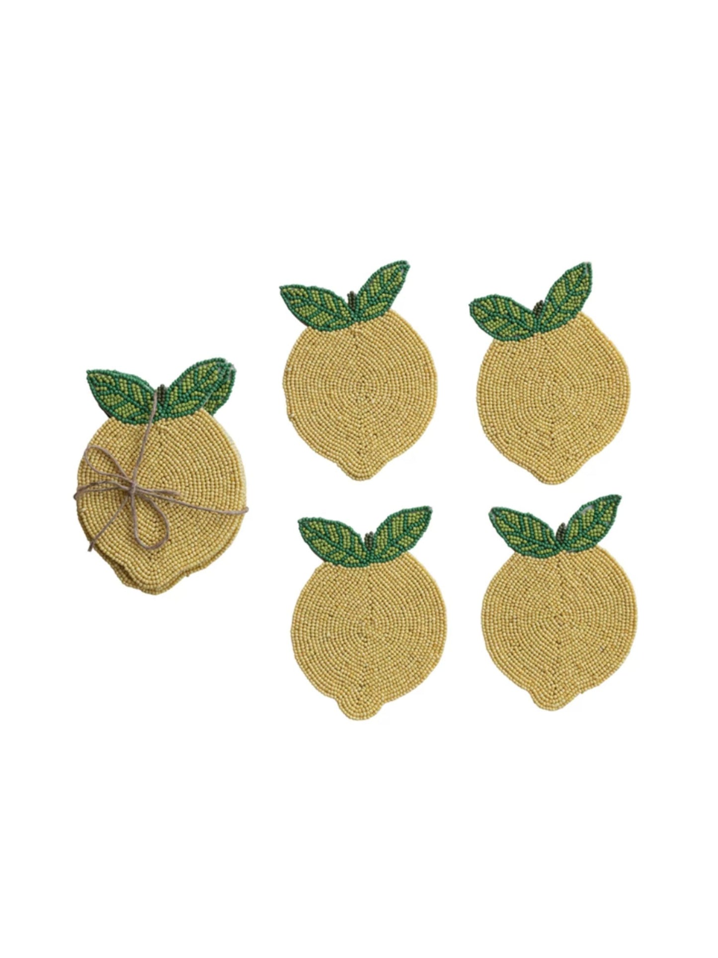 Handmade Beaded Lemon Coasters, Set of 4 Tied with Jute