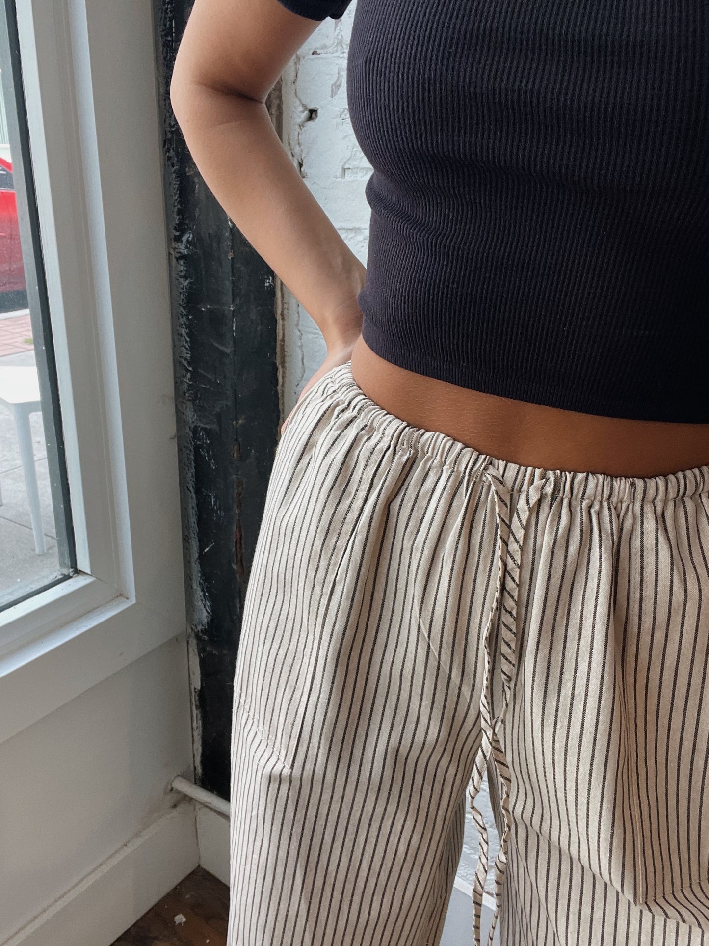 Beige Linen Stripe Pants