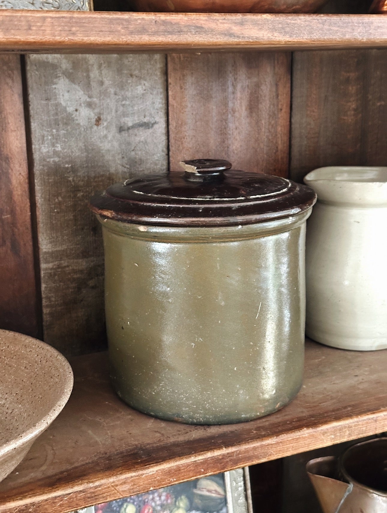 Vintage Green Crock with Lid - Pick Up Only