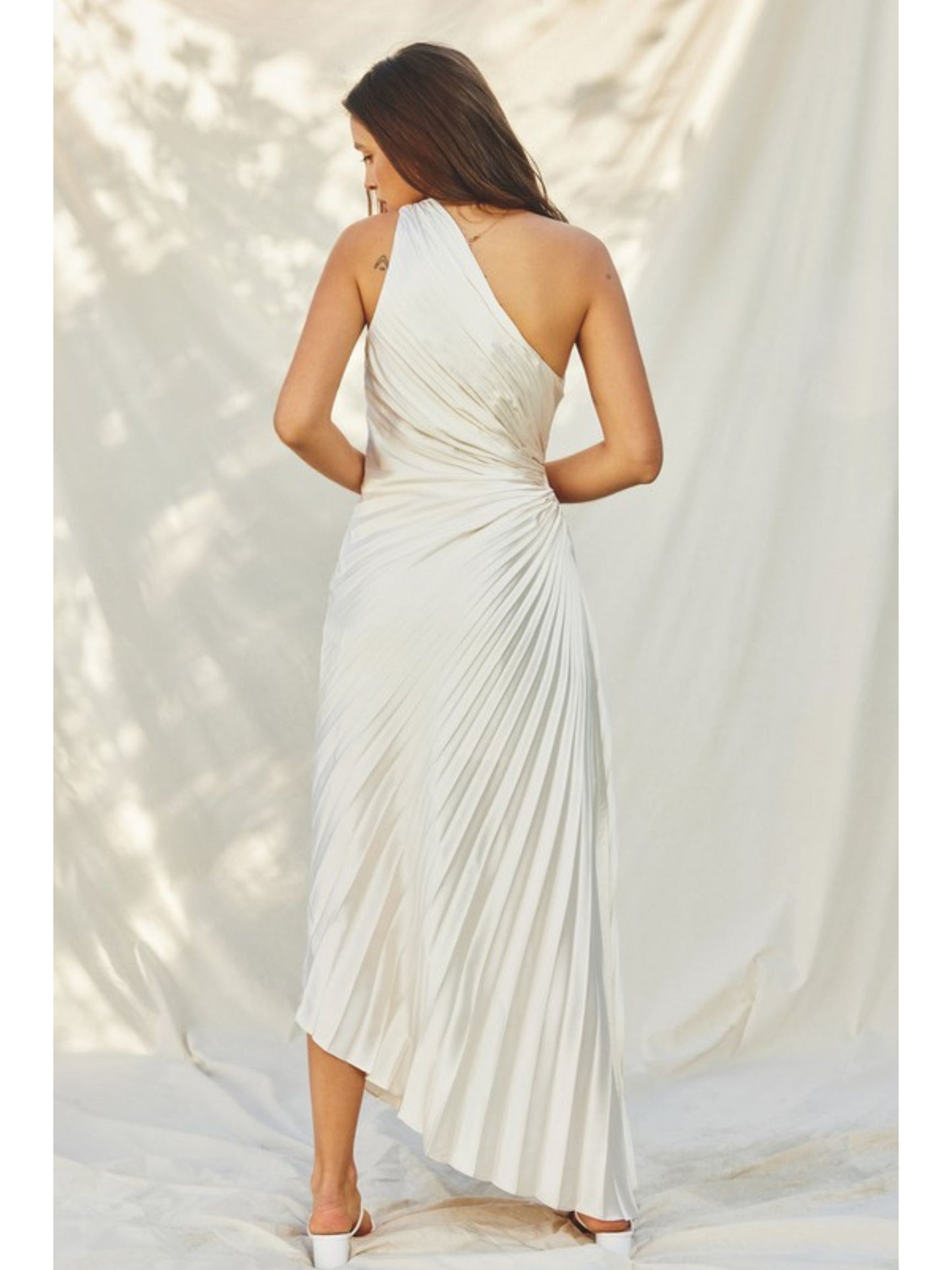 Olympia Asymmetrical Pleated Maxi Dress - Pearl