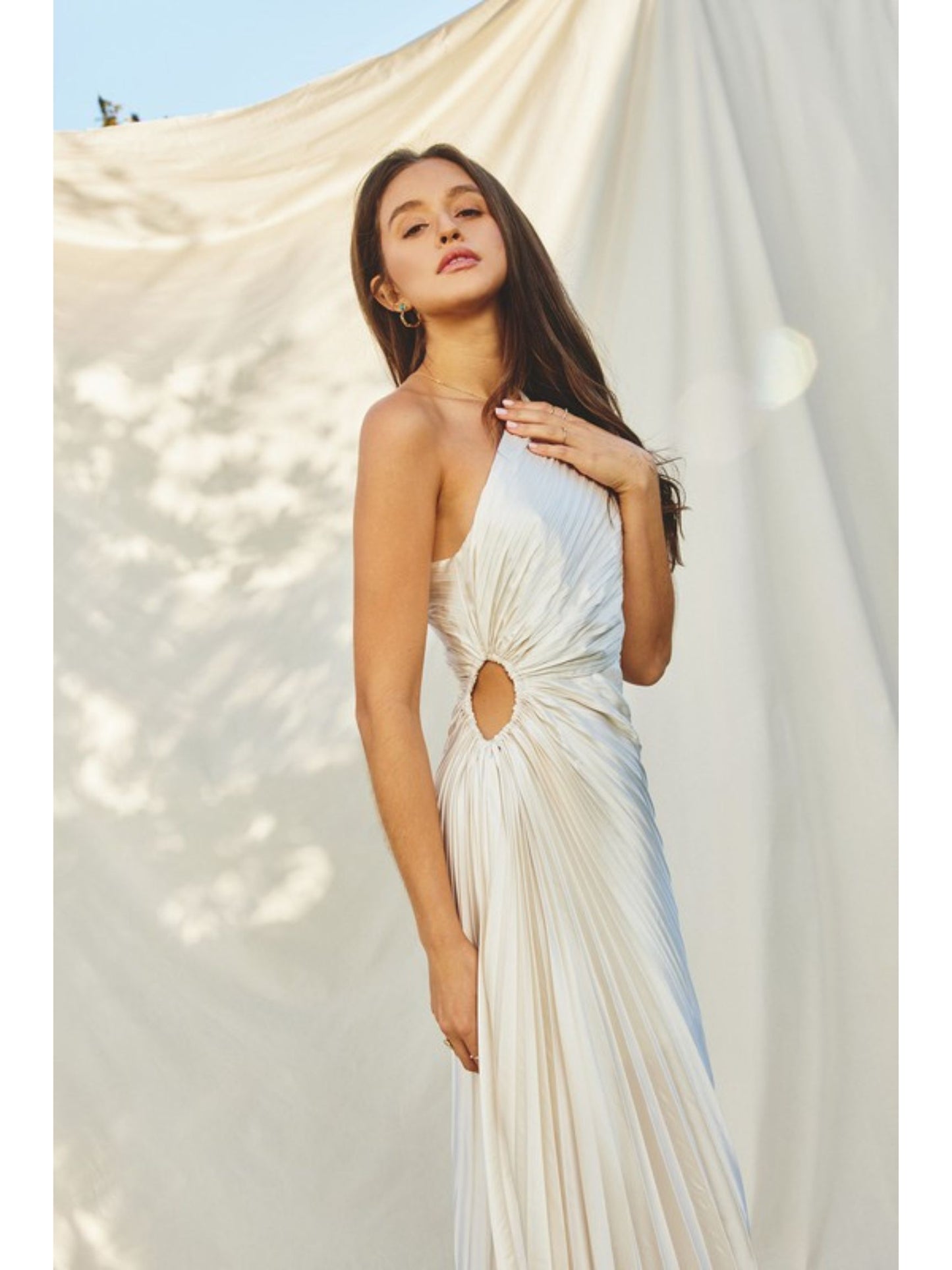 Olympia Asymmetrical Pleated Maxi Dress - Pearl