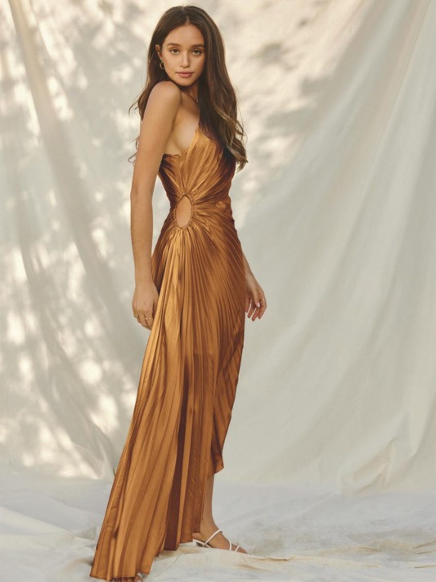 Olympia Asymmetrical Pleated Maxi Dress - Golden Ochre
