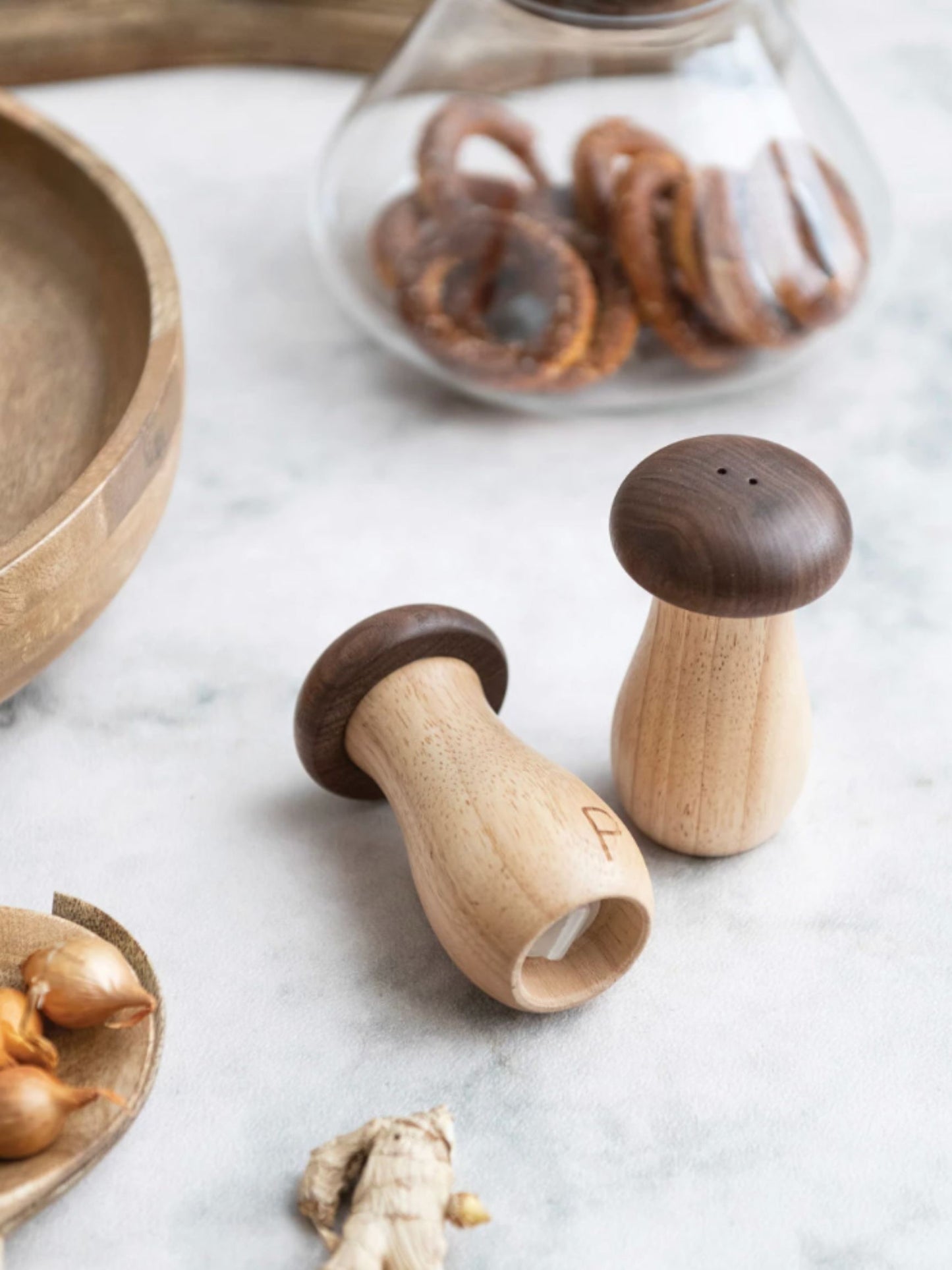 Rubberwood & Walnut Mushroom Shaped Salt & Pepper Shakers