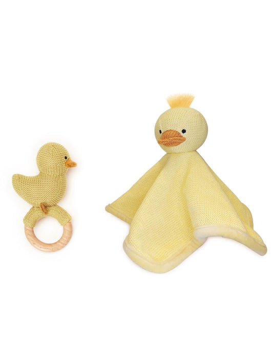 Duckie Knitted Snuggle and Rattle Set in Gift Box