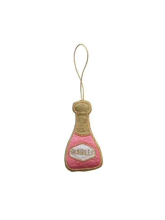 Fabric Champagne Bottle Ornament w/ Embroidery & Beads "Bubbles"