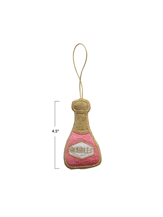 Fabric Champagne Bottle Ornament w/ Embroidery & Beads "Bubbles"