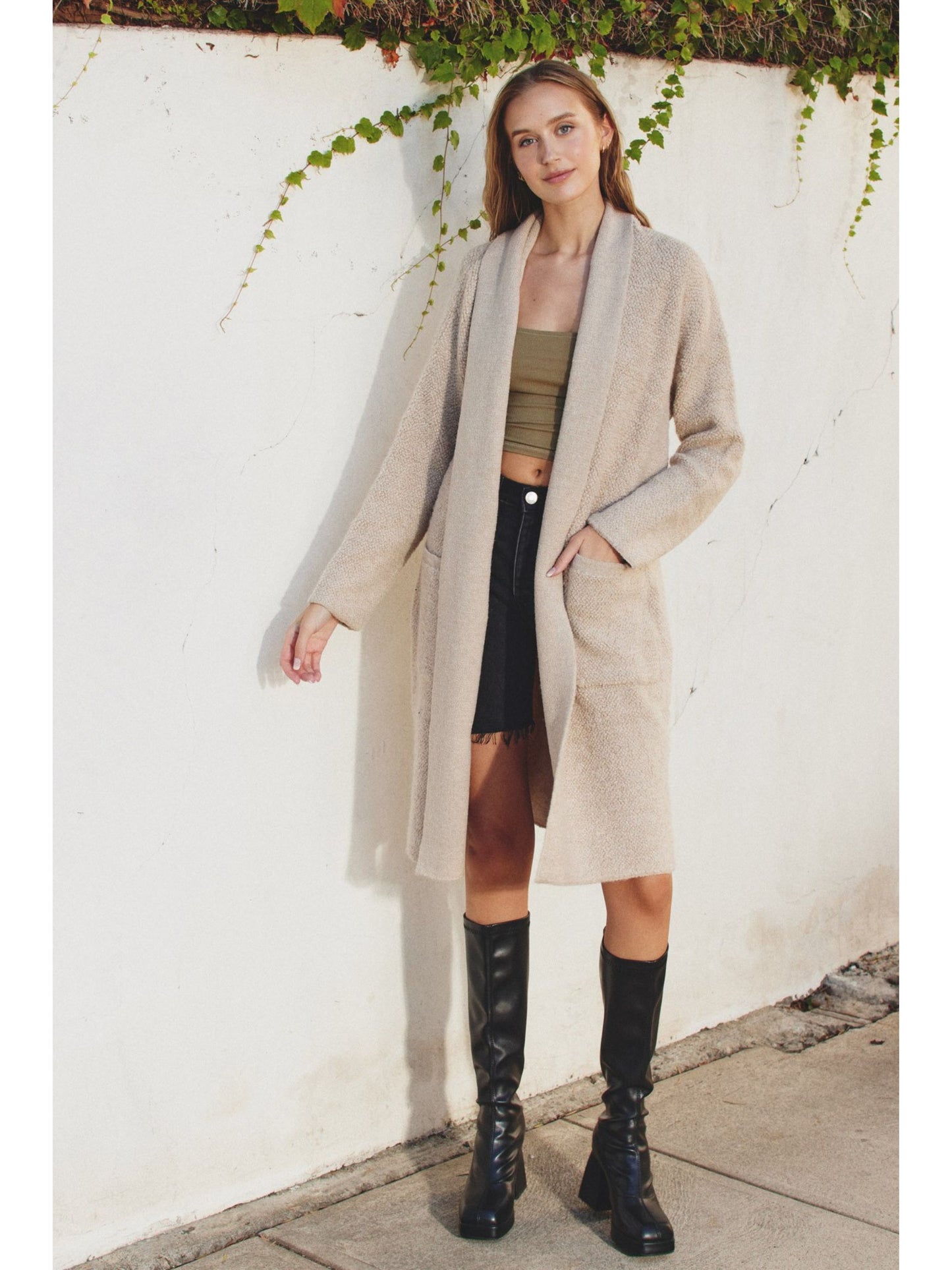 Natural Open Front Long Cardigan