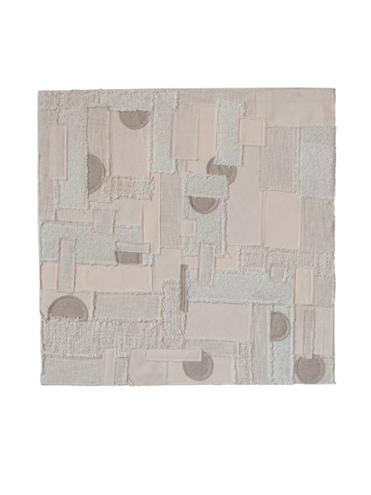 Square Cotton & Wool Patchwork Wall Décor w/ Oak Wood Frame (PICK UP ONLY)