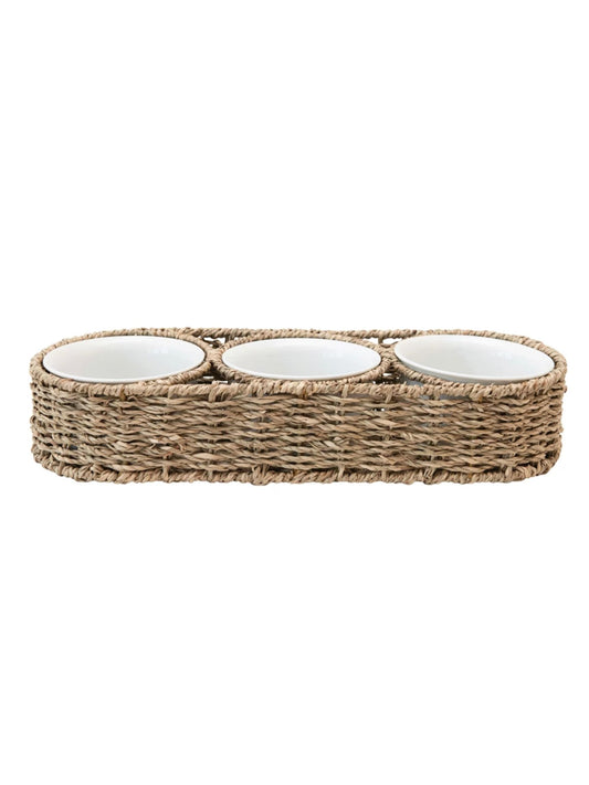 Hand-Woven Seagrass Basket w/ 6 oz. Ceramic Bowls