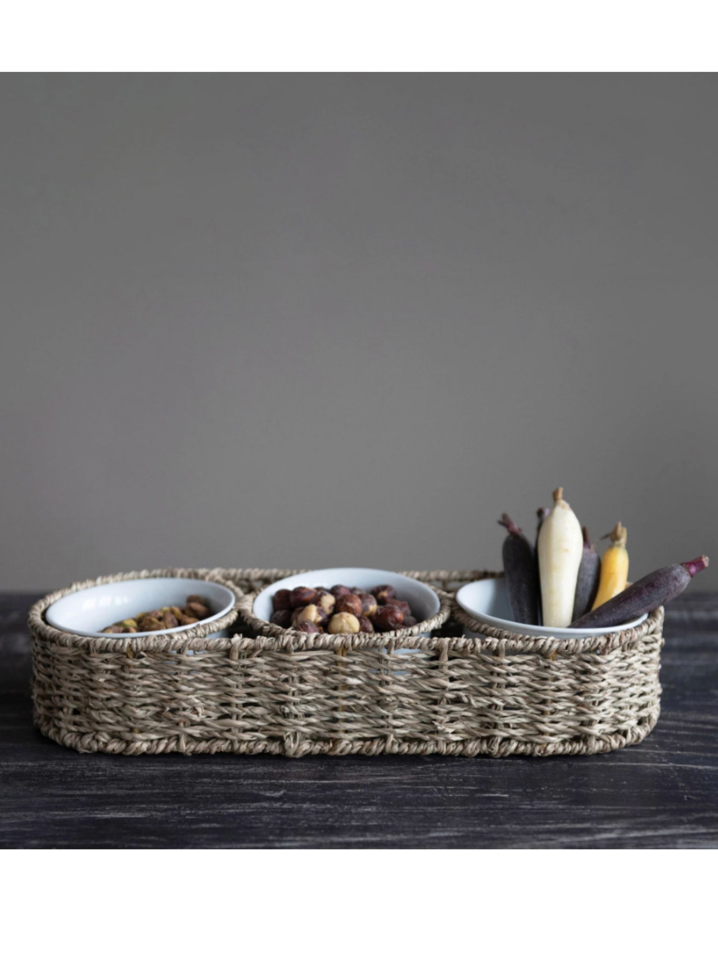 Hand-Woven Seagrass Basket w/ 6 oz. Ceramic Bowls