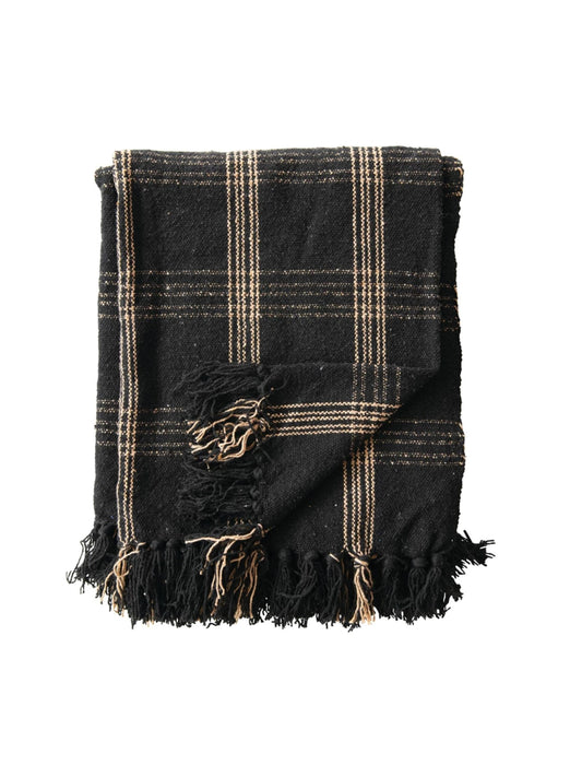 Woven Recycled Cotton Blend Throw w/ Fringe - Plaid