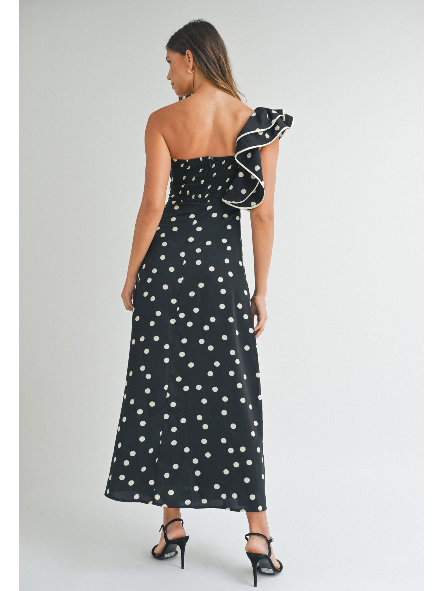 black one shoulder polka dot dress ZAPAKA Women Black Work Dress One Shoulder Bodycon Bowed Midi Business Dress, Black White / US2