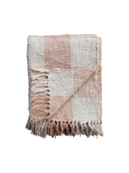 Woven Cotton Throw w/ Fringe - Pink