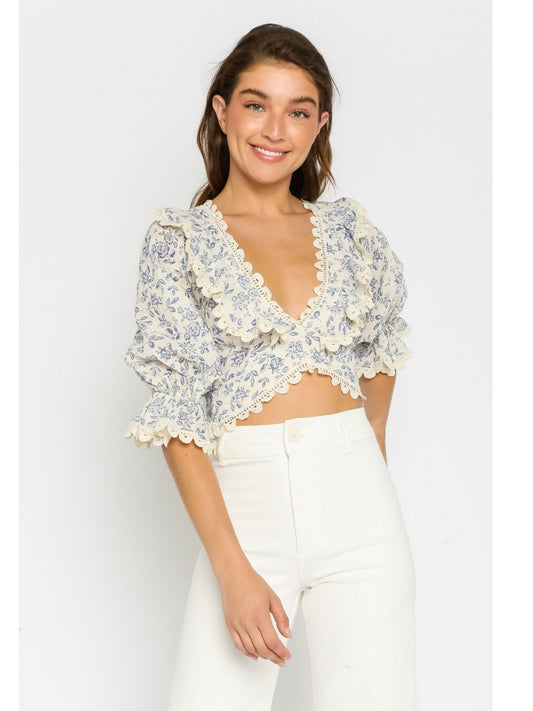 Blue Floral Lace Ruffled Blouse